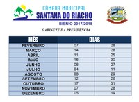 Câmara Muncipal de Santana do Riacho, Divulga Calendário de Suas Reuniões Ordinárias, Para o Ano de 2018.