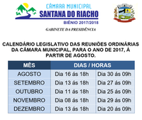 Câmara Muncipal de Santana do Riacho, Divulga Calendário de Suas Reuniões Ordinárias, Para o Ano de 2017.